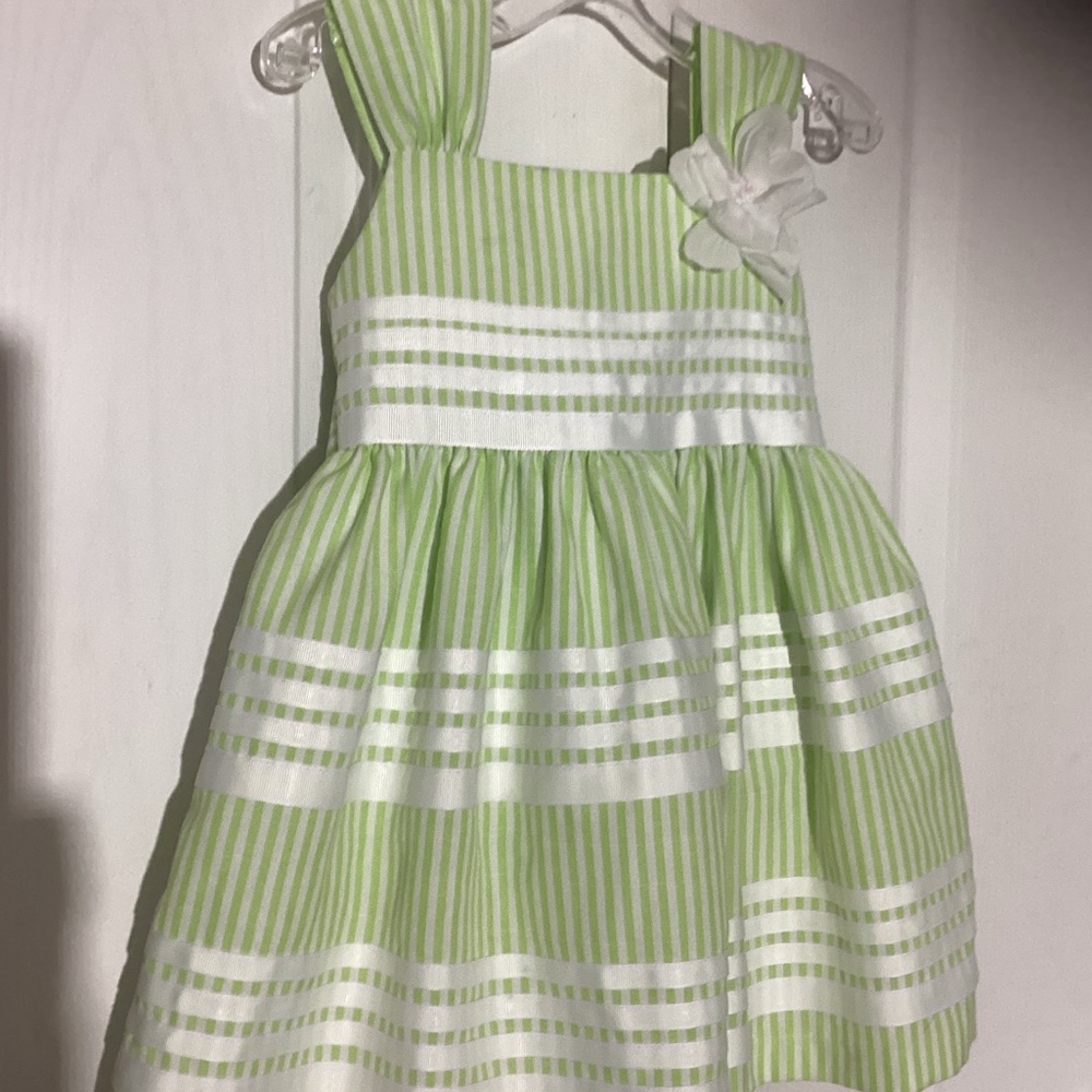Bonnie Jean Toddler dress, Green white stripe lined with crinoline size 2T